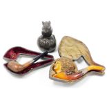 A late 19thC Meerschaum pipe, with carved figure of a lady, with white metal collar and amber colour