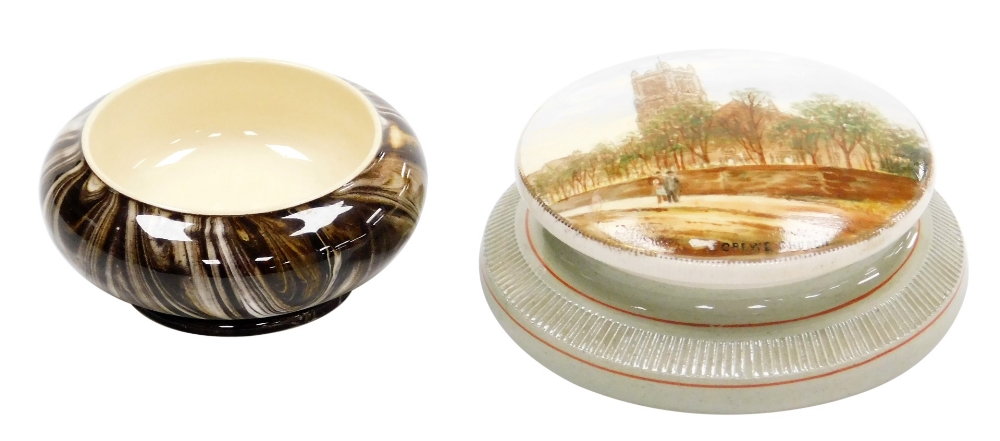 Two items of Macintyre and Co pottery, comprising a paperweight with hand painted decoration depicti