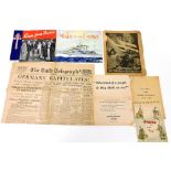 Military ephemera, comprising the Daily Telegraph, VE Day, Tuesday May 8th 1945, painted Piece In Ou