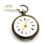 A late 19thC Swiss white metal pocket watch, open faced, key wind, the case engraved with leaves and
