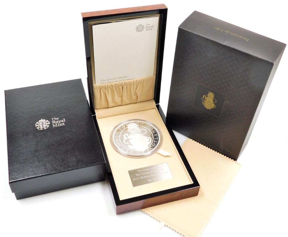 An Elizabeth II 2017 silver proof kilo coin, from The Queen's Beasts range, The Unicorn of Scotland,