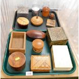Various trinket boxes, to include a treen example decorated with a camel, etc. (2 trays)