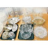 Various plated wares, glassware, etc., to include moulded glass decanter, 26cm high, pair of plated