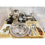 Plated wares, to include trumpet vases, 14cm high, loose flatware, cut glass and plated double condi