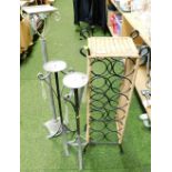 Various candle stands, a wicker and metal framed wine bottle holder, 77cm high, etc. (a quantity)