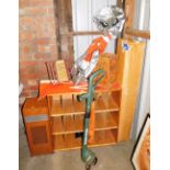 A Black and Decker strimmer, an oak unit, 83cm high, four Corona glass bottles in a wooden case, etc