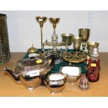 A Royal Winton Grimwades three piece silvered porcelain tea set, cranberry glass sifter, brass trive