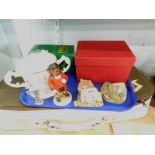 Fridge ornaments, two handled loving cup, figures, etc., (1 tray).