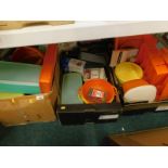 Various kitchenalia, tupperware, various colours, containers, colander, etc. (contents under 1 table