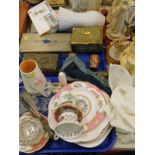 Various brassware, metalware, part service, glassware, shoe horn, decorative china, Armani figures.