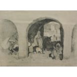 After Frederick Halpern. Arab cloisters scene, print, 21cm x 29cm.