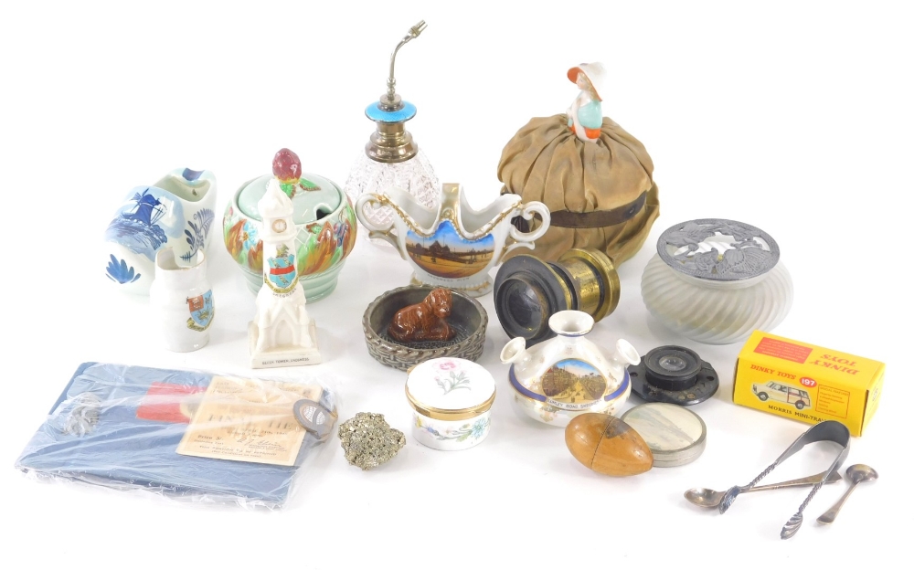 Various pottery and effects, Victorian shoulder doll, Delft clog, various cut glass and enamel