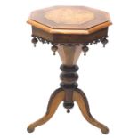 A Victorian walnut conical shaped work table, the octagonal hinged top with a later elm inlay