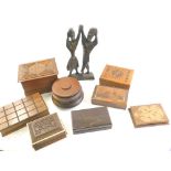 Various treen, tribal style figures, Eastern boxes, parquetry box decorated with castle, 17cm