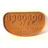 A Craven's C & W Company railway wagon plate, dated 1953, 27 tonne, No B380609, 27cm wide.