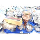 Silver plated wares, four piece silver plated M & R set, rose bowl, copper vase, teapot, etc. (1 tra