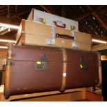 A canvas and wooden bound trunk, together with two composite suitcases. (3)