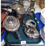 Various silver plated wares, coffee pot, trinket box, cruet bowl, wine funnel, sugar tongs, etc. (1