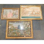 Three framed prints, an embroidery of a lady in evening dress, a further embroidery of ships and woo