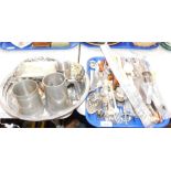 Silver plated EPNS and other cutlery, carving knives, knives and forks, tankard, salt and pepper set