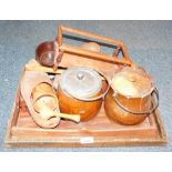 Treen and effects, an oak and silver plated mounted biscuit barrel, clog, serving tray, goblets, etc