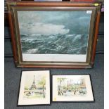 Three framed prints, comprising Gypsy Moth IV Rounding Cape Horn print, and a pair of Paris prints.