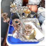 Various silver plated wares, goblets, silver plated serving tray, candelabrum, coffee ladle, copper