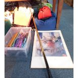 Various bags and clothes, children's bags, evening bags, snooker cue, framed print, etc. (a quantit