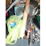 Household wares and sporting equipment, tennis rackets, Scalextric track, ornaments, glassware, chil