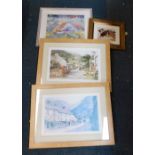 Four framed prints, two countryside scenes with mountains, another of a child with dog and further p