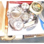 A group of silver plated wares, comprising stainless steel tray, hammered milk jug and sugar bowl, p