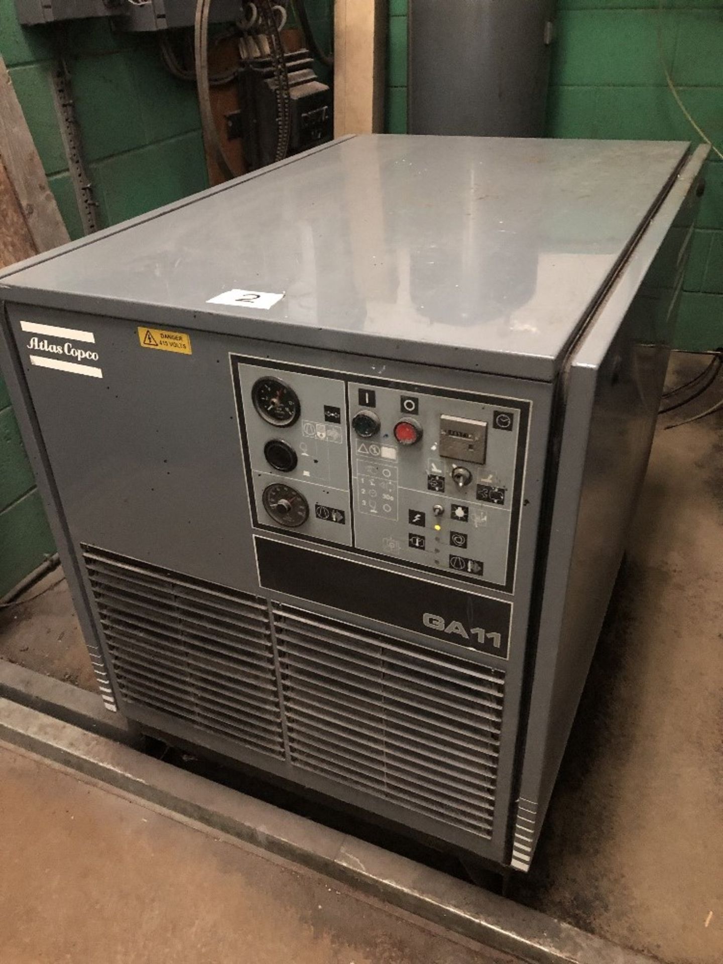 An Atlas Copco GA11 compressor and receiver, 3 phase.