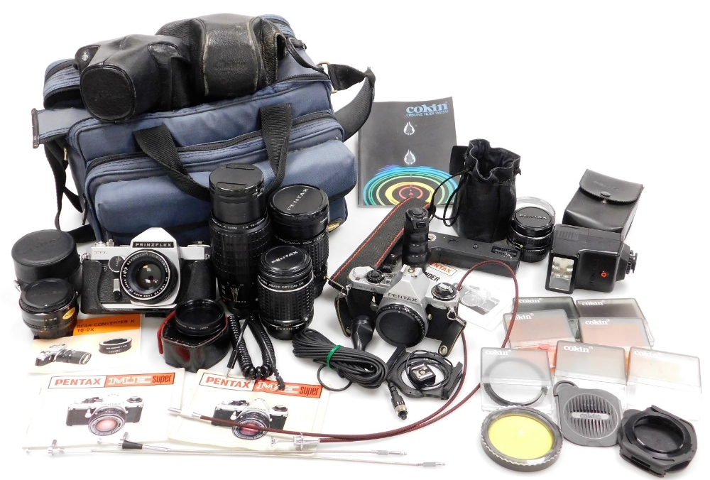 A group of cameras and camera equipment, to include a Chinon TTL Prinz Flex camera, a Pentax A Zoom
