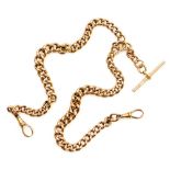 A 9ct gold kerb link Albert watch chain, with two lobster claw clasps, and T-bar as fitted, 63.3g.