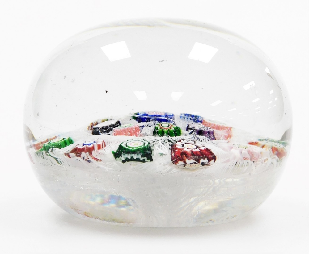 A French 19thC millefiori glass paperweight, probably Clichy, interspersed with latticino canes, 7.5 - Image 2 of 2