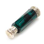 A Victorian green faceted glass double ended scent and smelling salts bottle, 10cm wide.