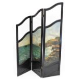 An early 20thC mahogany three fold screen, three panels each painted in oils, with a coastal landsca