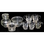 Five late Victorian cut glass custard cups, a cut glass sugar bowl, a cut glass pickle jar with mush