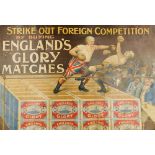 A late 19thC England's Glory Matches advertising sign, with printed decoration of a boxing match bet