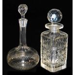 A square cut glass decanter, with star and groove cut decoration and faceted stopper, 23.5cm high, a