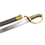 A 19thC French cavalry sabre, with leather and brass scabbard, brass grip and guard, the blade stamp