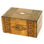 A Victorian walnut work box, with satinwood cross banding and mother of pearl inlaid cartouches and