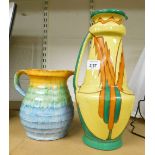 A Trix Art Deco pottery jug, hand painted with stylised trees against a yellow ground, pattern numbe