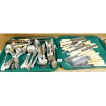 Various loose flatware, carving knife, fiddle pattern flatware, cake slice, etc. (2 trays)