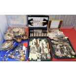 Loose flatware, plated salvers, three piece tea set, souvenir spoons, coffee bean spoons, cased fish