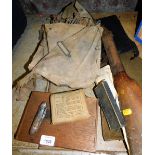 A cigar box, field dressing set, pen knife, army hat, child's toy gun, etc.