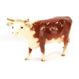 A Beswick Hereford cow, with brown and cream glazed detailing with horns.