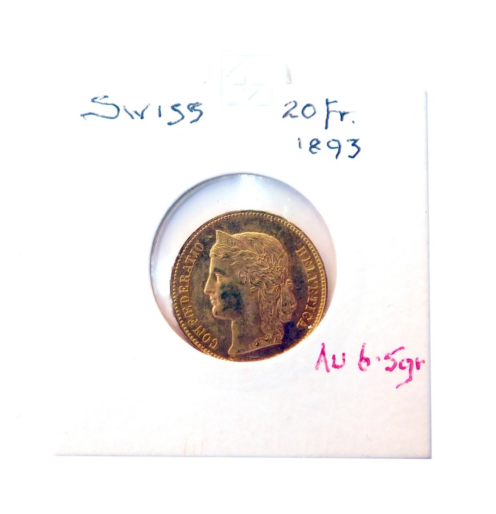 A Swiss 20 Franc gold coin, dated 1893.