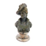 20thC School. A quarter length profile bronzed metal bust of a lady in evening dress, on a mottled m