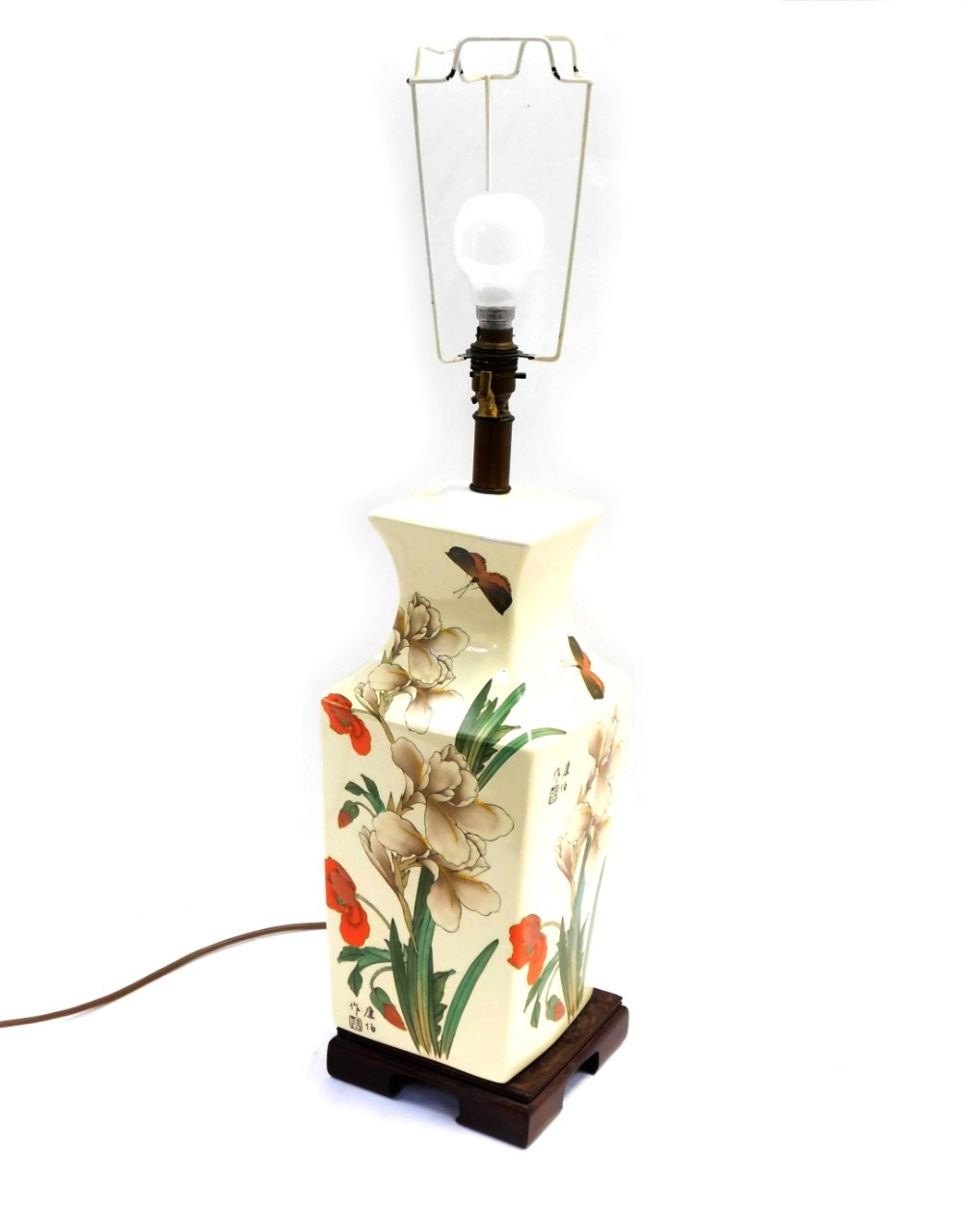 An Oriental ceramic table lamp, with painted detailing of red and white flowers, with butterflies an